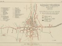 Mapa oštećenja građevina u Zagrebu u potresu od 9. studenoga 1880. Crvenom su bojom označene lakše oštećene građevine, a tamnosivom one teže oštećene